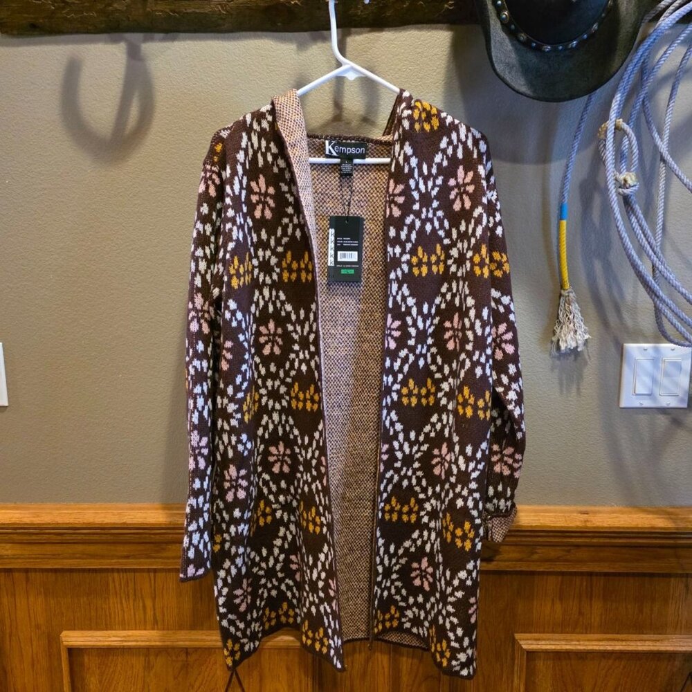 Kempson Size L Sweater Duster Cardigan Pink Flowers Brown White Pattern NWT